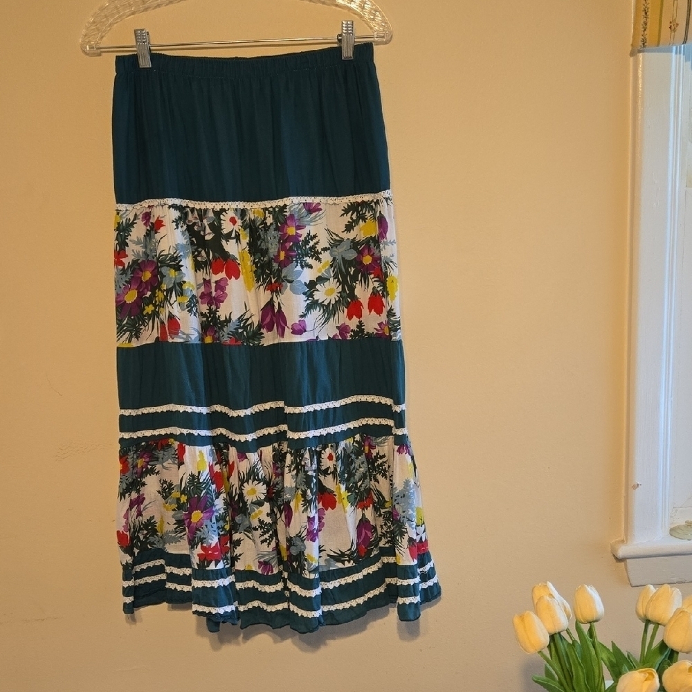 Floral Patchwork Midi Skirt in Teal. Has Partial Lining.